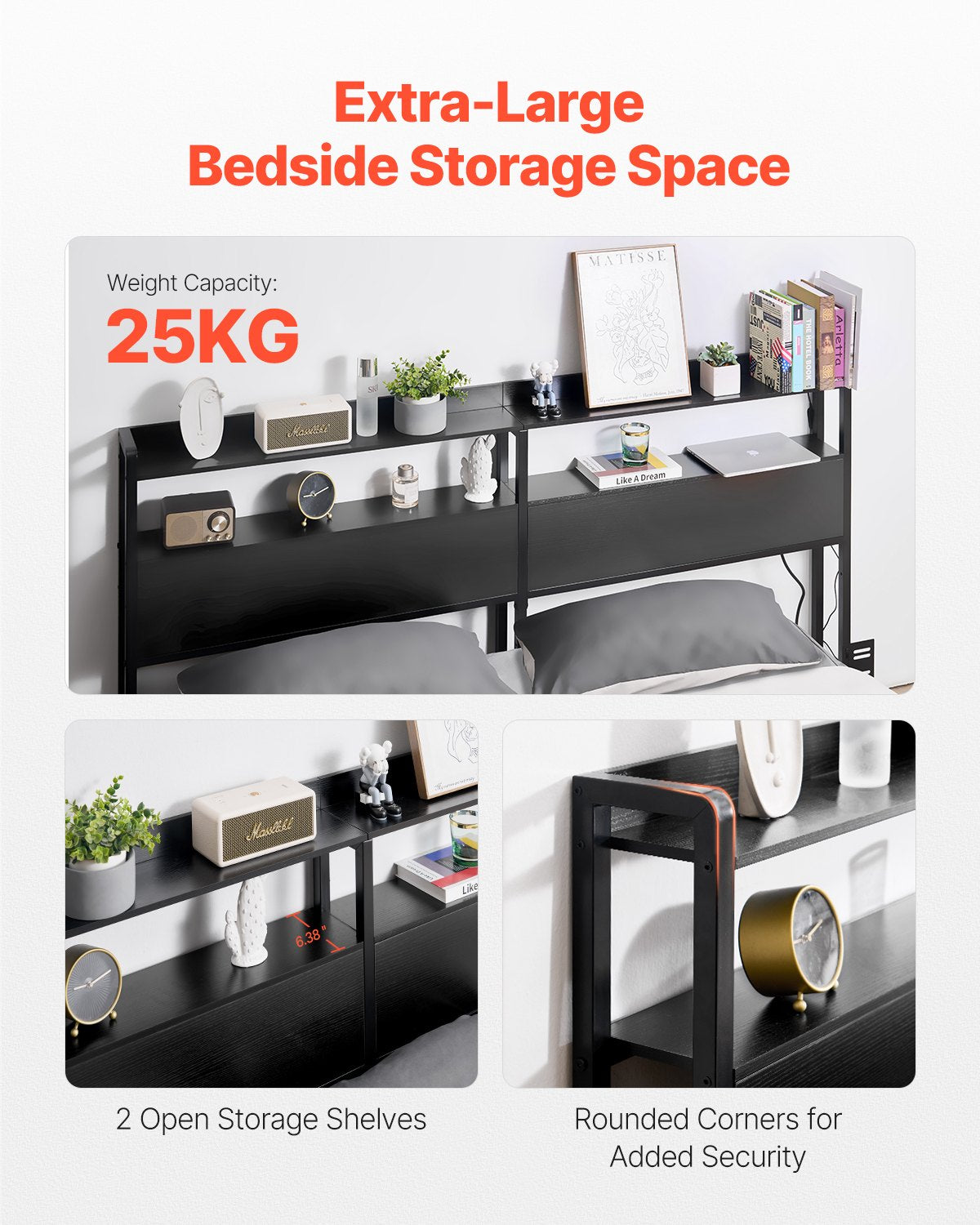 VEVOR Headboard for King Size Bed, Adjustable Height Headboard with 2 Shelves Storage, Freestanding Head Board with Charging Station and LED Light for Different Bed Frames, Easy Assembly, Black - DDCTBTMYBKBYODCKFV1 - view 6