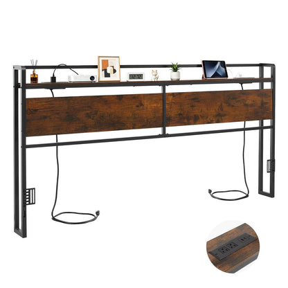VEVOR Headboard for King Size Bed, with Storage Shelf, 2 Outlets, 1 USB and 1 Type-C Port, Sturdy and Stable Carbon Steel Frame Head Board with Charging Station, Adjustable Height, Black and Brown - DDCTBYZWJWLEAACC5001V1 - view 1