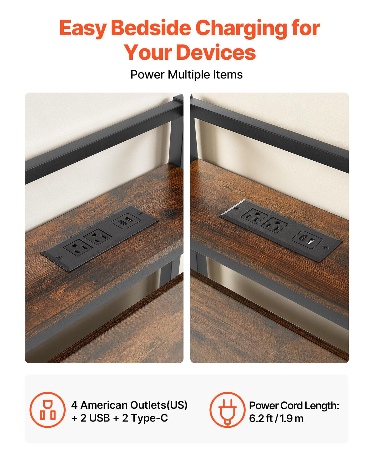 VEVOR Headboard for King Size Bed, with Storage Shelf, 2 Outlets, 1 USB and 1 Type-C Port, Sturdy and Stable Carbon Steel Frame Head Board with Charging Station, Adjustable Height, Black and Brown - DDCTBYZWJWLEAACC5001V1 - view 3
