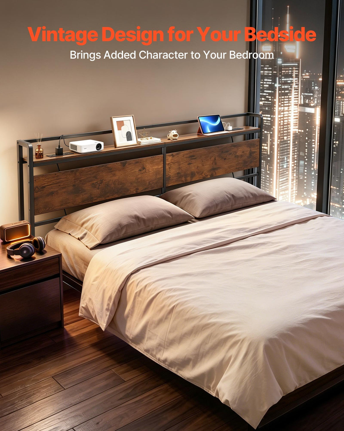 VEVOR Headboard for King Size Bed, with Storage Shelf, 2 Outlets, 1 USB and 1 Type-C Port, Sturdy and Stable Carbon Steel Frame Head Board with Charging Station, Adjustable Height, Black and Brown - DDCTBYZWJWLEAACC5001V1 - view 4