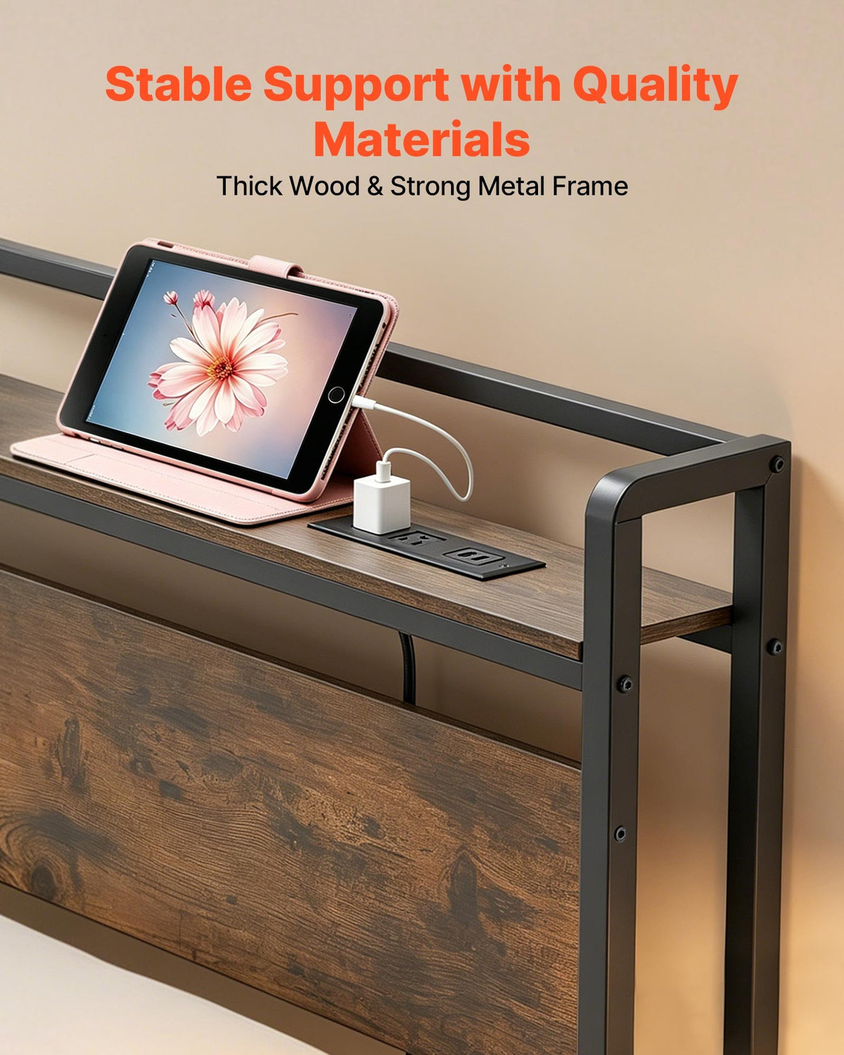 VEVOR Headboard for King Size Bed, with Storage Shelf, 2 Outlets, 1 USB and 1 Type-C Port, Sturdy and Stable Carbon Steel Frame Head Board with Charging Station, Adjustable Height, Black and Brown - DDCTBYZWJWLEAACC5001V1 - view 5