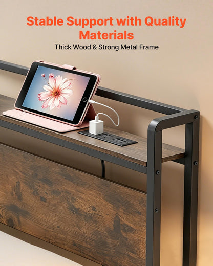 VEVOR Headboard for King Size Bed, with Storage Shelf, 2 Outlets, 1 USB and 1 Type-C Port, Sturdy and Stable Carbon Steel Frame Head Board with Charging Station, Adjustable Height, Black and Brown - DDCTBYZWJWLEAACC5001V1 - view 5
