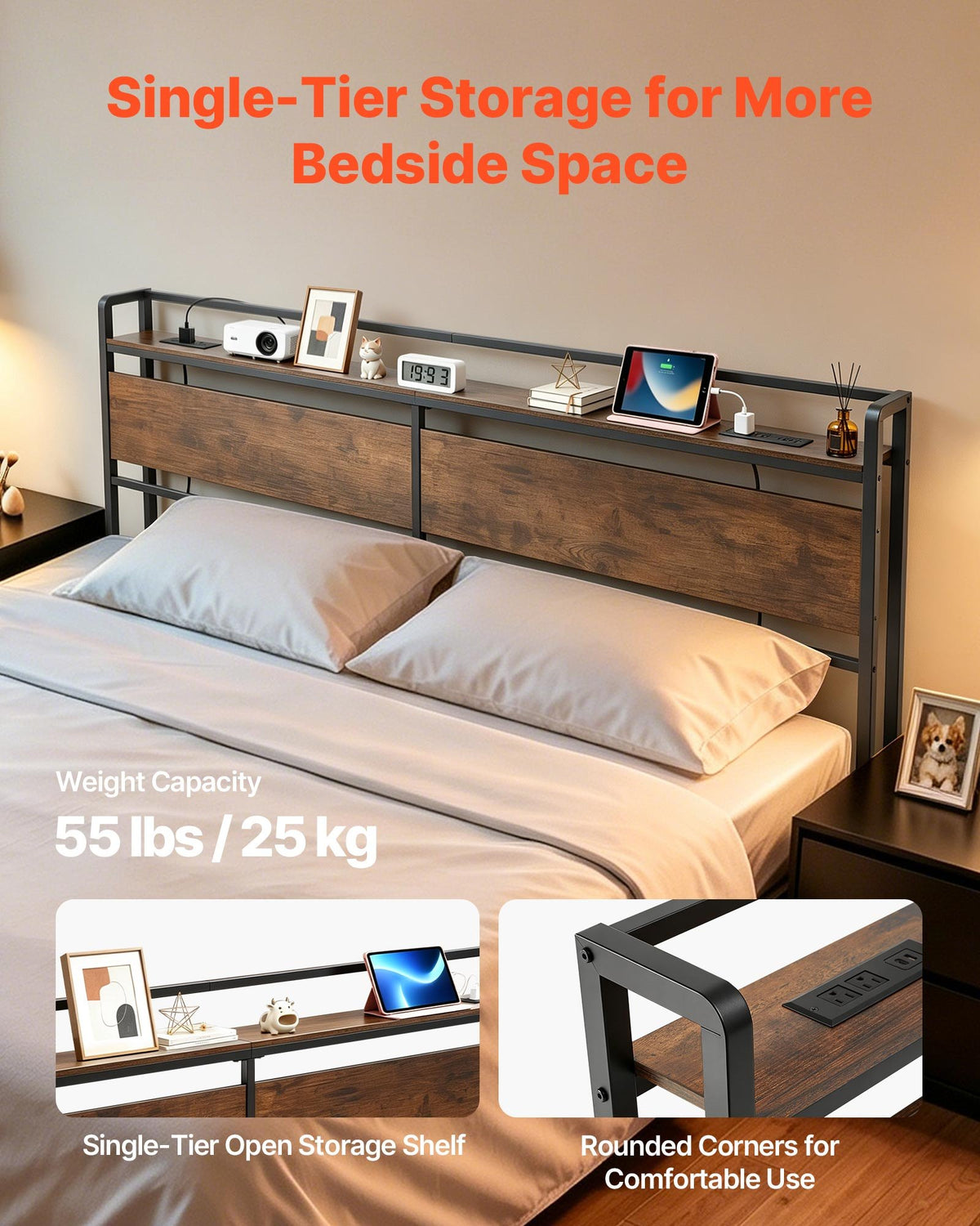 VEVOR Headboard for King Size Bed, with Storage Shelf, 2 Outlets, 1 USB and 1 Type-C Port, Sturdy and Stable Carbon Steel Frame Head Board with Charging Station, Adjustable Height, Black and Brown - DDCTBYZWJWLEAACC5001V1 - view 6
