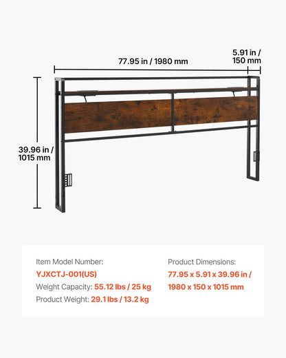 VEVOR Headboard for King Size Bed, with Storage Shelf, 2 Outlets, 1 USB and 1 Type-C Port, Sturdy and Stable Carbon Steel Frame Head Board with Charging Station, Adjustable Height, Black and Brown - DDCTBYZWJWLEAACC5001V1 - view 8