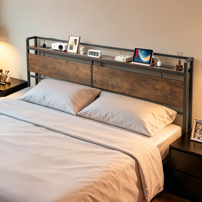 VEVOR Headboard for King Size Bed, with Storage Shelf, 2 Outlets, 1 USB and 1 Type-C Port, Sturdy and Stable Carbon Steel Frame Head Board with Charging Station, Adjustable Height, Black and Brown - DDCTBYZWJWLEAACC5001V1 - view 9