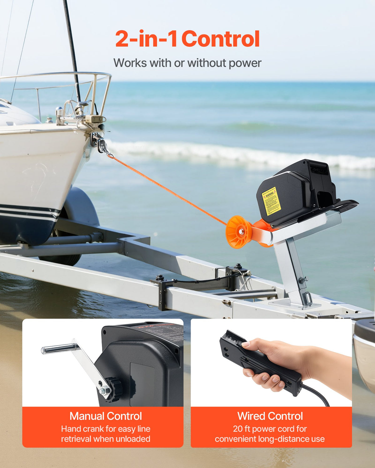 VEVOR Electric Boat Winch, 12V DC 300W, Reversible Electric Trailer Winch for Boats Up to 2000 lbs, Power-in, Power-Out, and Freewheel Operations for Boats with Wired Remote Control & Hand Crank - DDCYTCJP2000DZXK7001V9 - view 5