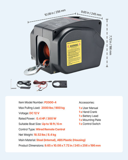 VEVOR Electric Boat Winch, 12V DC 300W, Reversible Electric Trailer Winch for Boats Up to 2000 lbs, Power-in, Power-Out, and Freewheel Operations for Boats with Wired Remote Control & Hand Crank - DDCYTCJP2000DZXK7001V9 - view 8