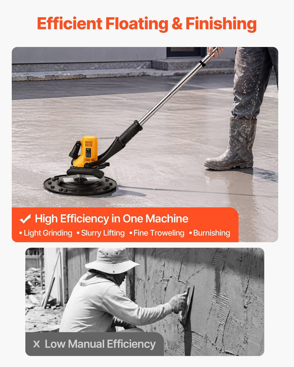 VEVOR Electric Power Trowel, 800W Concrete Finishing Machine Corded with Mixing Rod, 6-Speed Adjustable 120–200 RPM, Steel & Plastic Trowel Discs, Extension Handle, Floor Smoothing Cement Finisher - DDDLMDYSWDCDJUI7U001V1 - view 3