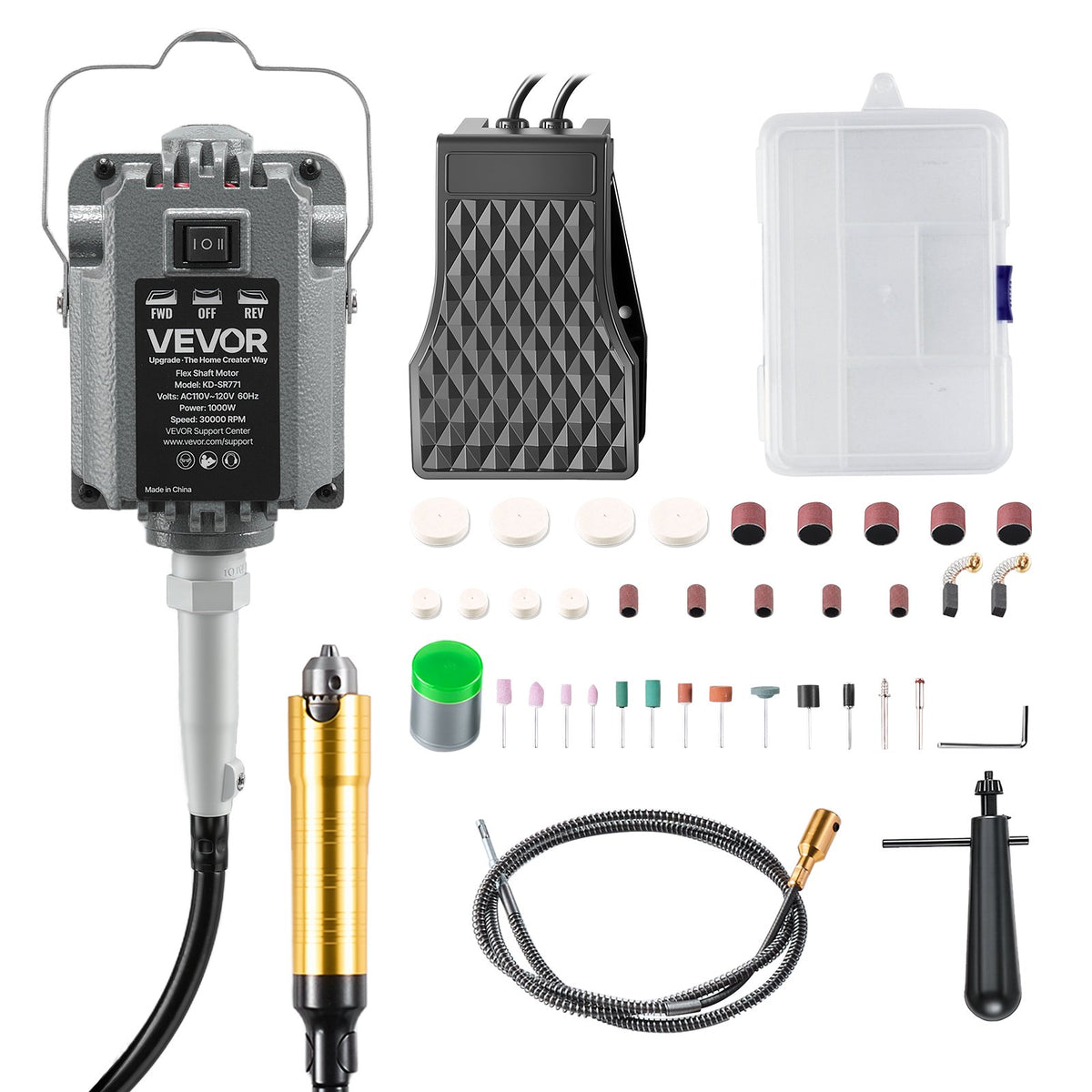 VEVOR Flex Shaft Grinder, 1000W 30000RPM Electric Flex Shaft Rotary Tool, Foot-Pedal Control Hanging Carver Grinder with 74PCS Accessory Kit for Sanding Buffing Polishing Cutting - DDDMJ1000WYXA91OR001V1 - view 1