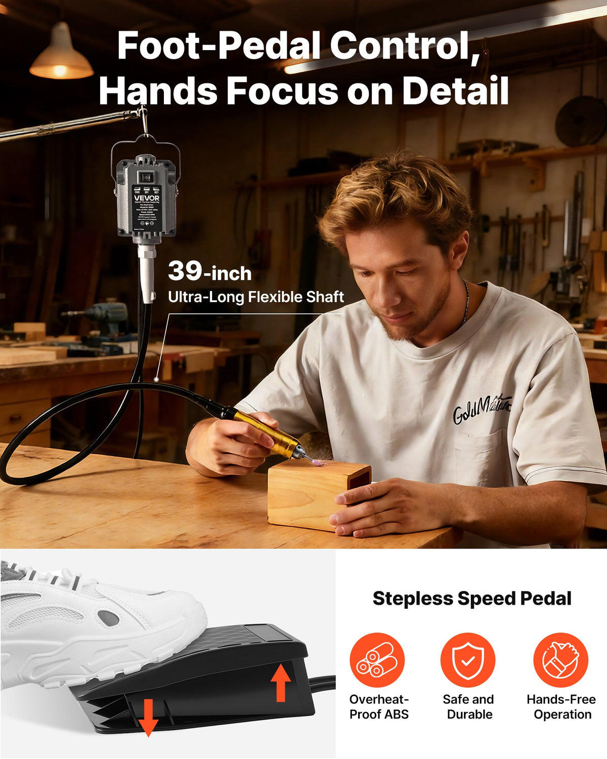 VEVOR Flex Shaft Grinder, 1000W 30000RPM Electric Flex Shaft Rotary Tool, Foot-Pedal Control Hanging Carver Grinder with 74PCS Accessory Kit for Sanding Buffing Polishing Cutting - DDDMJ1000WYXA91OR001V1 - view 4