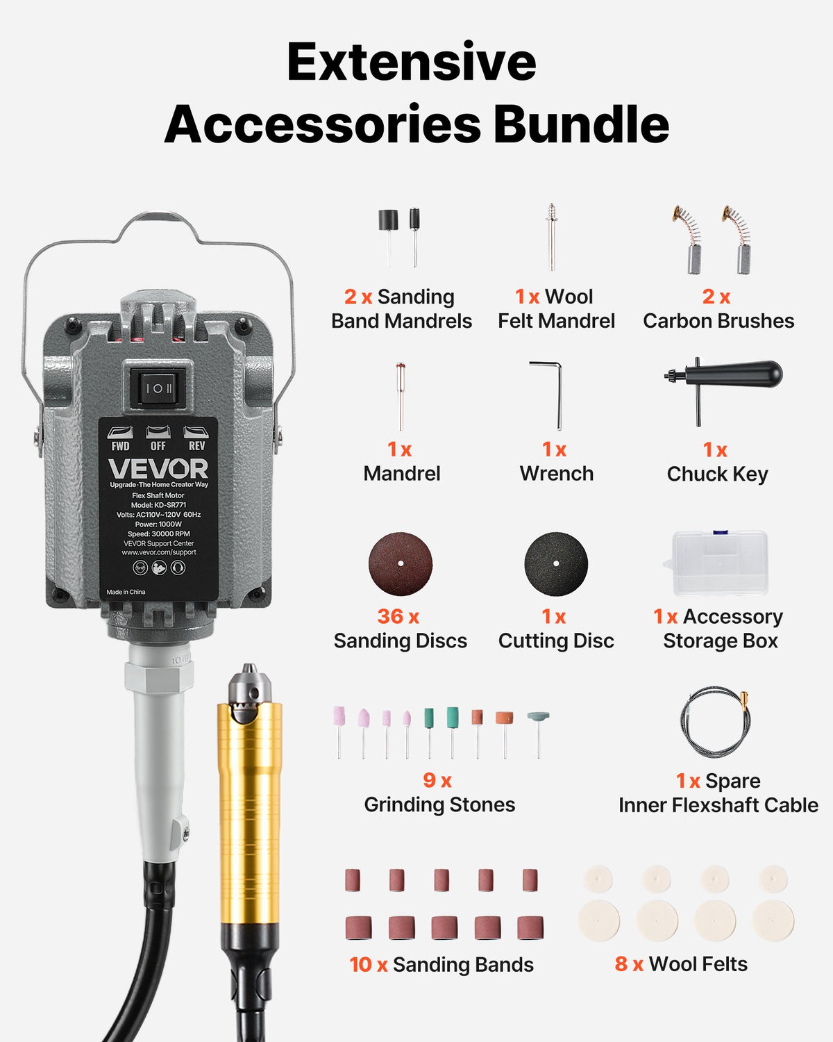 VEVOR Flex Shaft Grinder, 1000W 30000RPM Electric Flex Shaft Rotary Tool, Foot-Pedal Control Hanging Carver Grinder with 74PCS Accessory Kit for Sanding Buffing Polishing Cutting - DDDMJ1000WYXA91OR001V1 - view 5