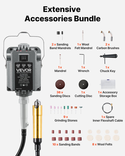 VEVOR Flex Shaft Grinder, 1000W 30000RPM Electric Flex Shaft Rotary Tool, Foot-Pedal Control Hanging Carver Grinder with 74PCS Accessory Kit for Sanding Buffing Polishing Cutting - DDDMJ1000WYXA91OR001V1 - view 5