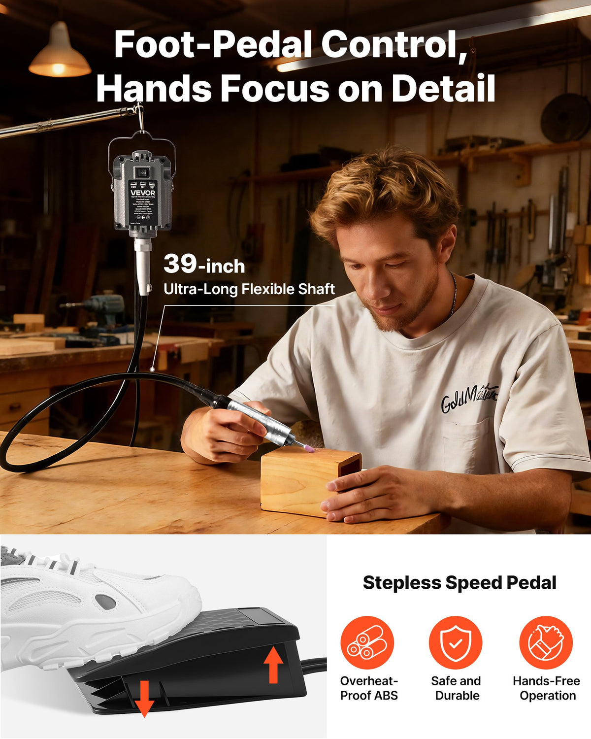 VEVOR Flex Shaft Grinder, 125W 18000RPM Electric Flex Shaft Rotary Tool, Foot Pedal Control Hanging Carver Grinder with Forward-Reverse Rotation for Carving Buffing Engraving Polishing - DDDMJ125WYXCCGIDI001V1 - view 4