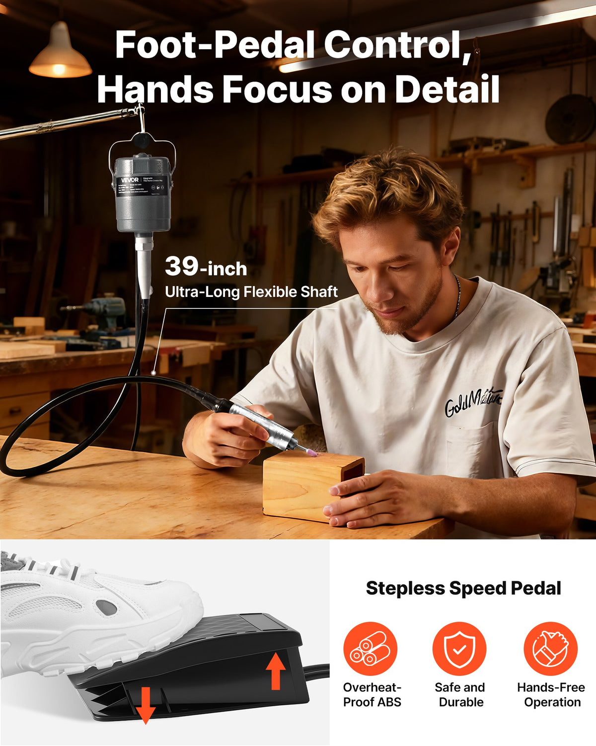 VEVOR Flex Shaft Grinder, 150W 23000RPM Electric Flex Shaft Rotary Tool, Foot-Pedal Control Hanging Carver Grinder with 112PCS Accessory Kit for Sanding Buffing Polishing Cutting - DDDMJ150WYXCWXK8Z001V1 - view 4