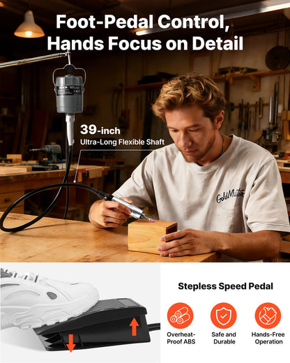 VEVOR Flex Shaft Grinder, 150W 23000RPM Electric Flex Shaft Rotary Tool, Foot-Pedal Control Hanging Carver Grinder with 112PCS Accessory Kit for Sanding Buffing Polishing Cutting - DDDMJ150WYXCWXK8Z001V1 - view 4
