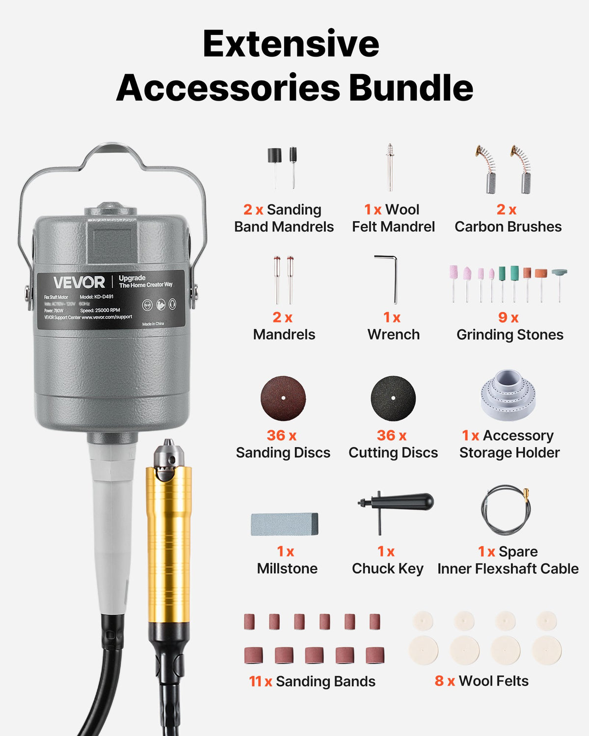 VEVOR Flex Shaft Grinder, 780W 25000RPM Electric Flex Shaft Rotary Tool, Foot-Pedal Control Hanging Carver Grinder with 112PCS Accessory Kit for Sanding Buffing Polishing Cutting - DDDMJ780WYXCG8K1Y001V1 - view 5