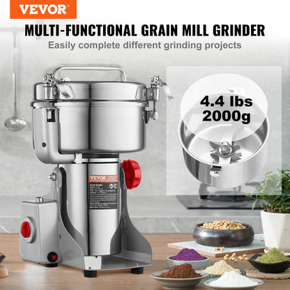 VEVOR 2000g Electric Grain Mill Grinder, High Speed 3400W Commercial Spice Grinders, Stainless Steel Pulverizer Powder Machine, for Dry Grains Spices Cereals Coffee Corn Pepper, Swing Type - DDDPSGWYMJ208ZOH2V1 - view 3