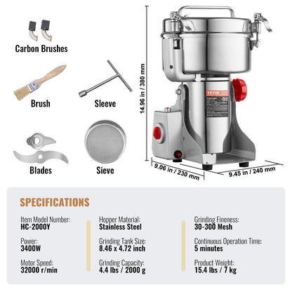 VEVOR 2000g Electric Grain Mill Grinder, High Speed 3400W Commercial Spice Grinders, Stainless Steel Pulverizer Powder Machine, for Dry Grains Spices Cereals Coffee Corn Pepper, Swing Type - DDDPSGWYMJ208ZOH2V1 - view 8