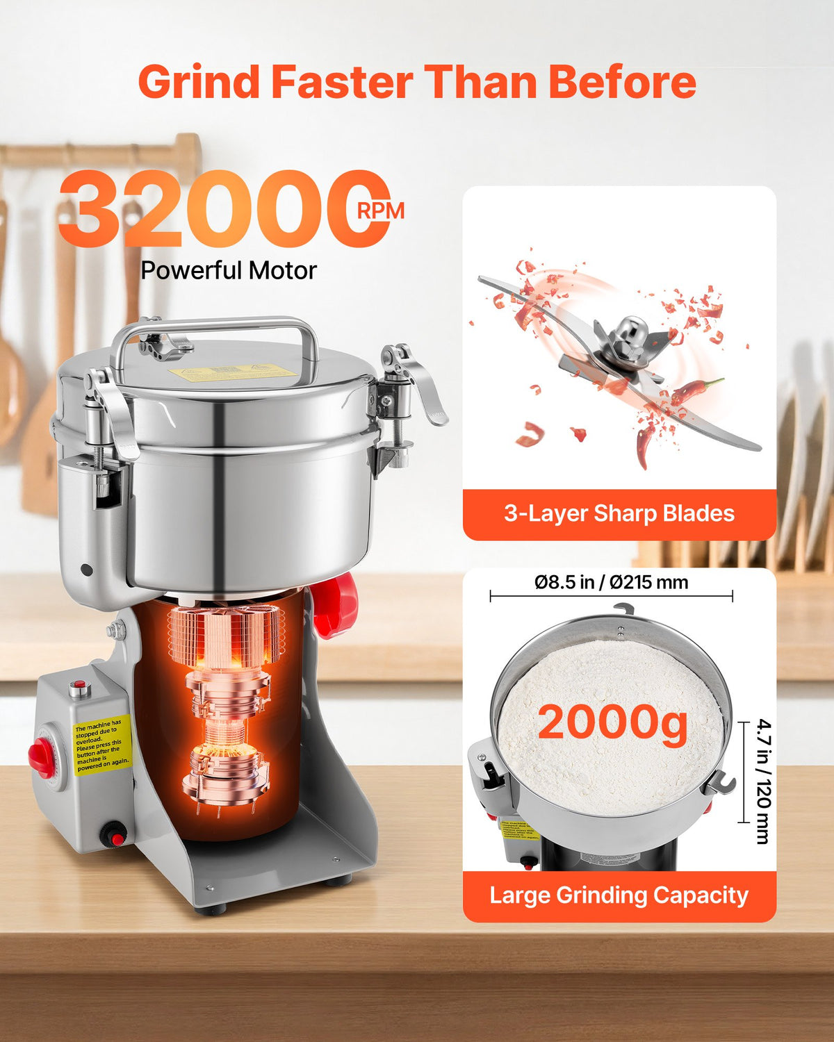 VEVOR 2000g Electric Grain Mill Grinder, 3400W 32000RPM High Speed Spice Corn Dry Grinding Machine, Stainless Steel Pulverizer Powder Machine for Dried Grains Coffee Beans Spices Nuts (270° Swing Type) - DDDPSGWYMJ20IMU76001V1 - view 5