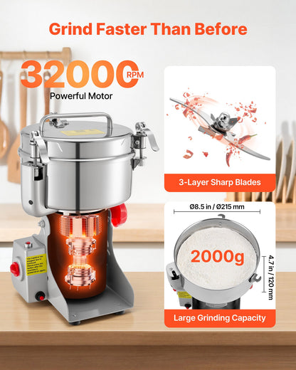 VEVOR 2000g Electric Grain Mill Grinder, 3400W 32000RPM High Speed Spice Corn Dry Grinding Machine, Stainless Steel Pulverizer Powder Machine for Dried Grains Coffee Beans Spices Nuts (270° Swing Type) - DDDPSGWYMJ20IMU76001V1 - view 5