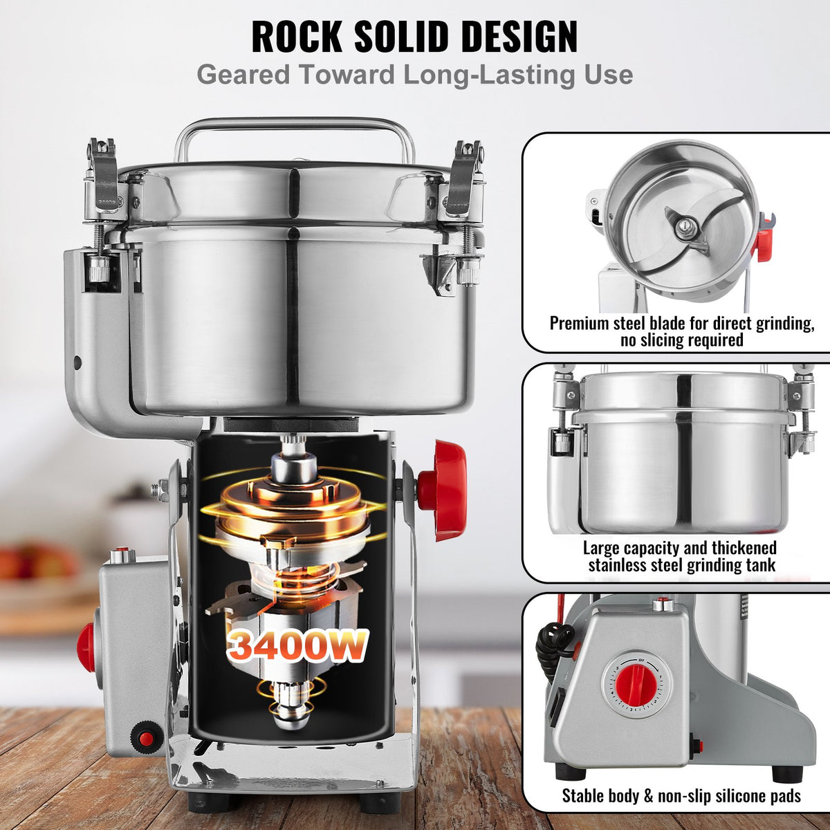 VEVOR 2500g Electric Grain Mill Grinder, High Speed 3400W Commercial Spice Grinders, Stainless Steel Pulverizer Powder Machine, for Dry Grains Spices Cereals Coffee Corn Pepper, Swing Type - DDDPSGWYMJ25ODXN1V1 - view 4