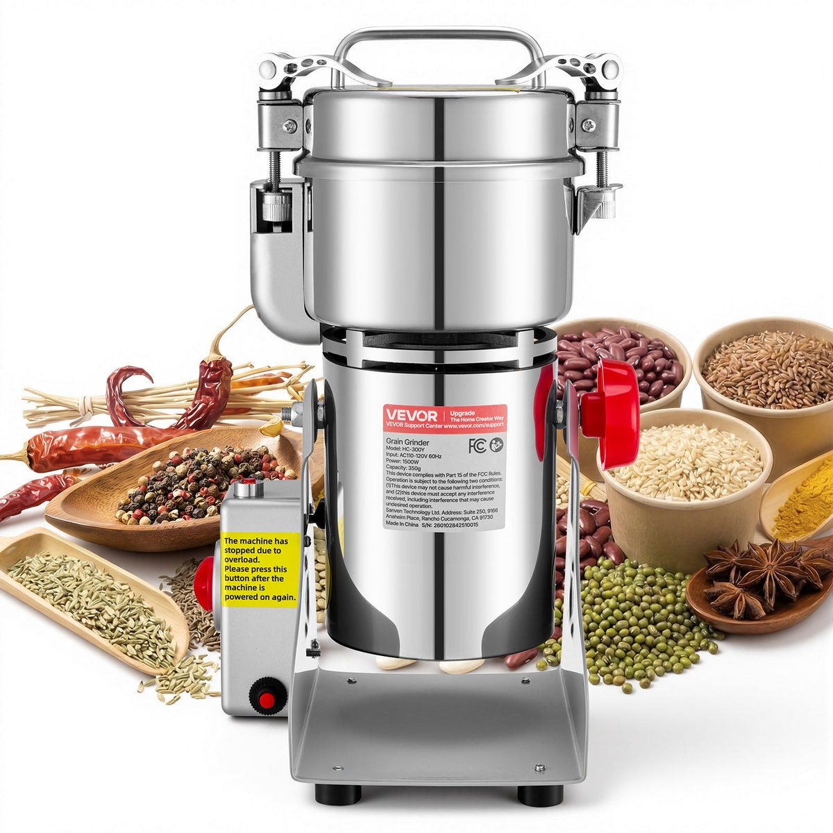 VEVOR 300g Electric Grain Mill Grinder, 1500W 28000RPM High Speed Spice Corn Dry Grinding Machine, Stainless Steel Pulverizer Powder Machine for Dried Grains Coffee Beans Spices Nuts (270° Swing Type) - DDDPSGWYMJ30J4GQM001V1 - view 1