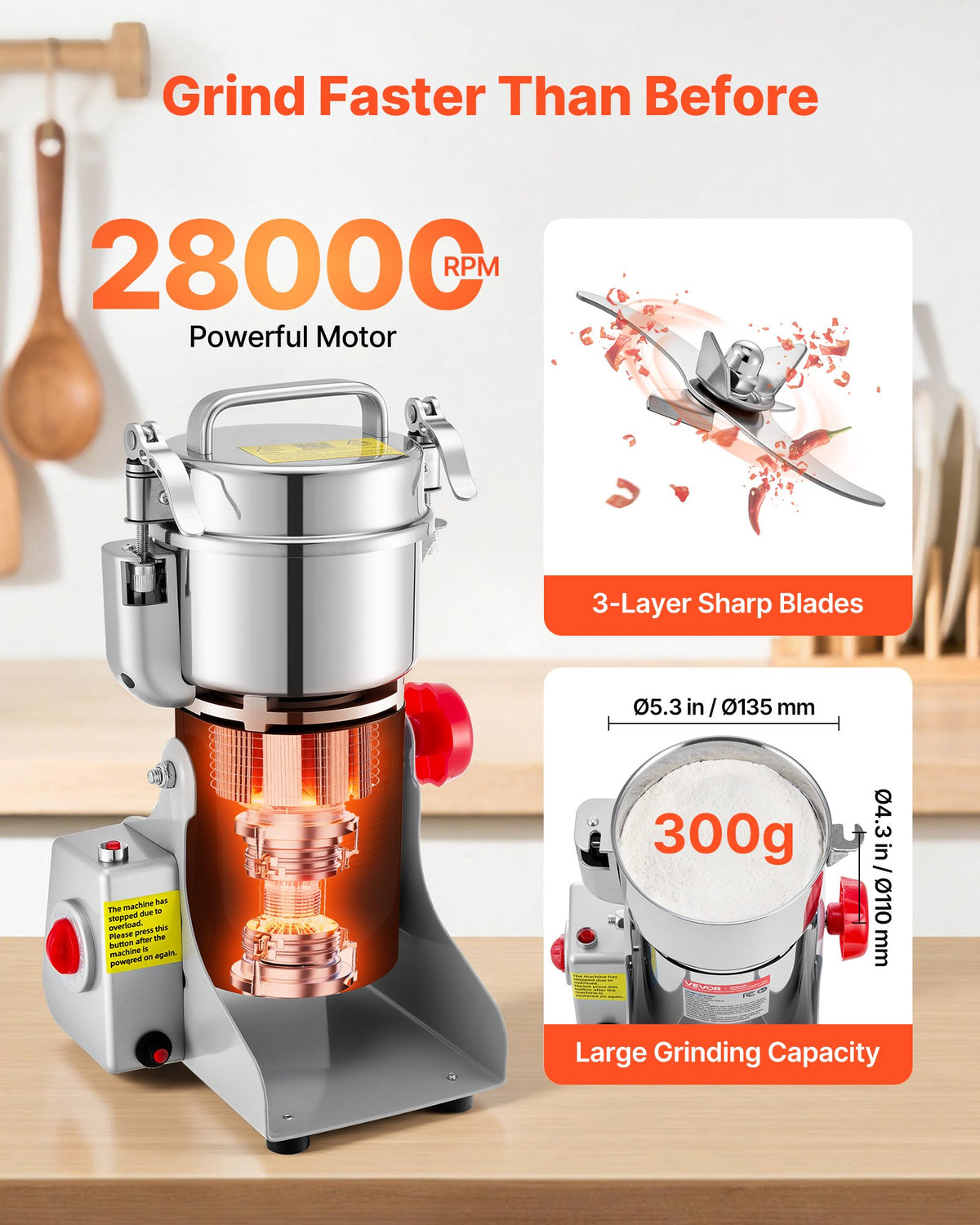 VEVOR 300g Electric Grain Mill Grinder, 1500W 28000RPM High Speed Spice Corn Dry Grinding Machine, Stainless Steel Pulverizer Powder Machine for Dried Grains Coffee Beans Spices Nuts (270° Swing Type) - DDDPSGWYMJ30J4GQM001V1 - view 5
