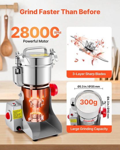 VEVOR 300g Electric Grain Mill Grinder, 1500W 28000RPM High Speed Spice Corn Dry Grinding Machine, Stainless Steel Pulverizer Powder Machine for Dried Grains Coffee Beans Spices Nuts (270° Swing Type) - DDDPSGWYMJ30J4GQM001V1 - view 5