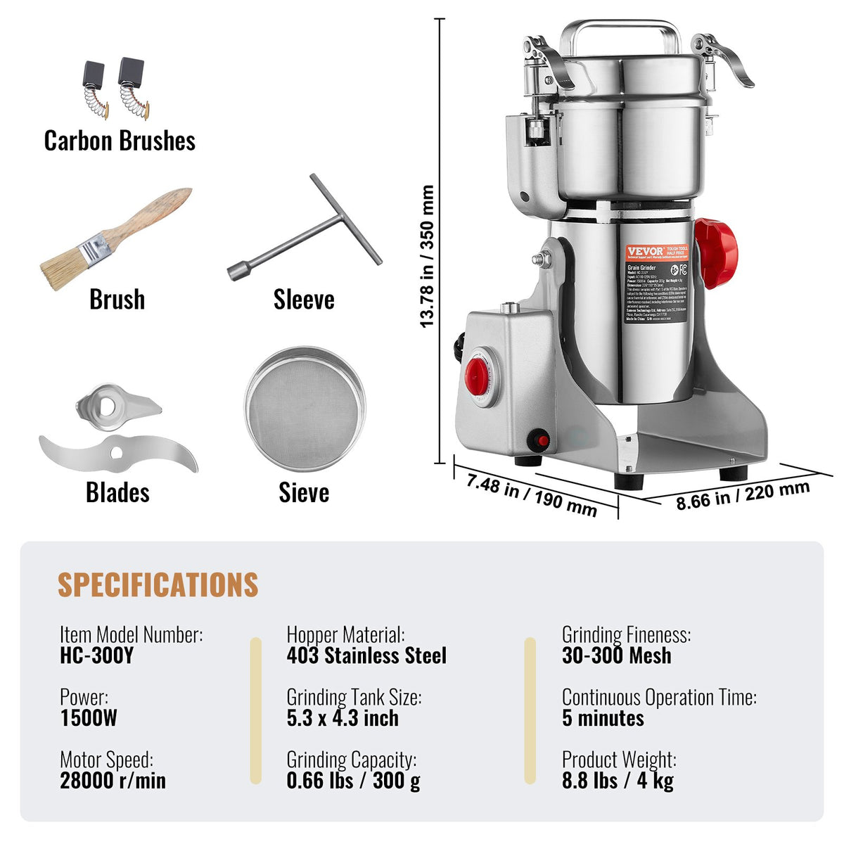 VEVOR 300g Electric Grain Mill Grinder, High Speed 1500W Commercial Spice Grinders, Stainless Steel Pulverizer Powder Machine, for Dry Grains Spices Cereals Coffee Corn Pepper, Swing Type - DDDPSGWYMJ30YEEUIV1 - view 8