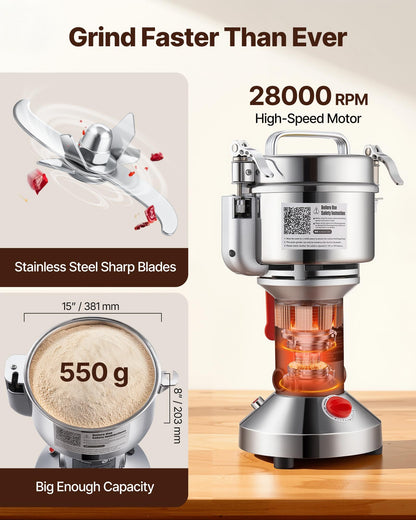 VEVOR 550g Electric Grain Mill Grinder, High Speed 2000W Commercial Spice Grinders, Stainless Steel Pulverizer Powder Machine, for Dry Grains Spices Cereals Coffee Corn Pepper, Straight Type - DDDPSGWYMJ505541YV1 - view 5