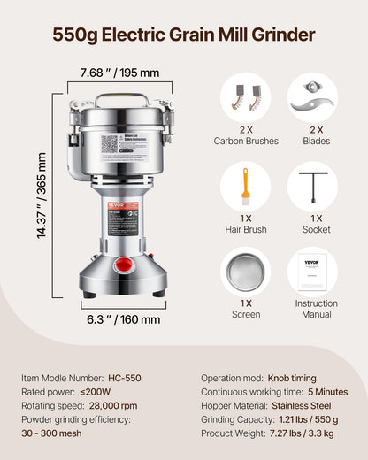 VEVOR 550g Electric Grain Mill Grinder, High Speed 2000W Commercial Spice Grinders, Stainless Steel Pulverizer Powder Machine, for Dry Grains Spices Cereals Coffee Corn Pepper, Straight Type - DDDPSGWYMJ505541YV1 - view 8