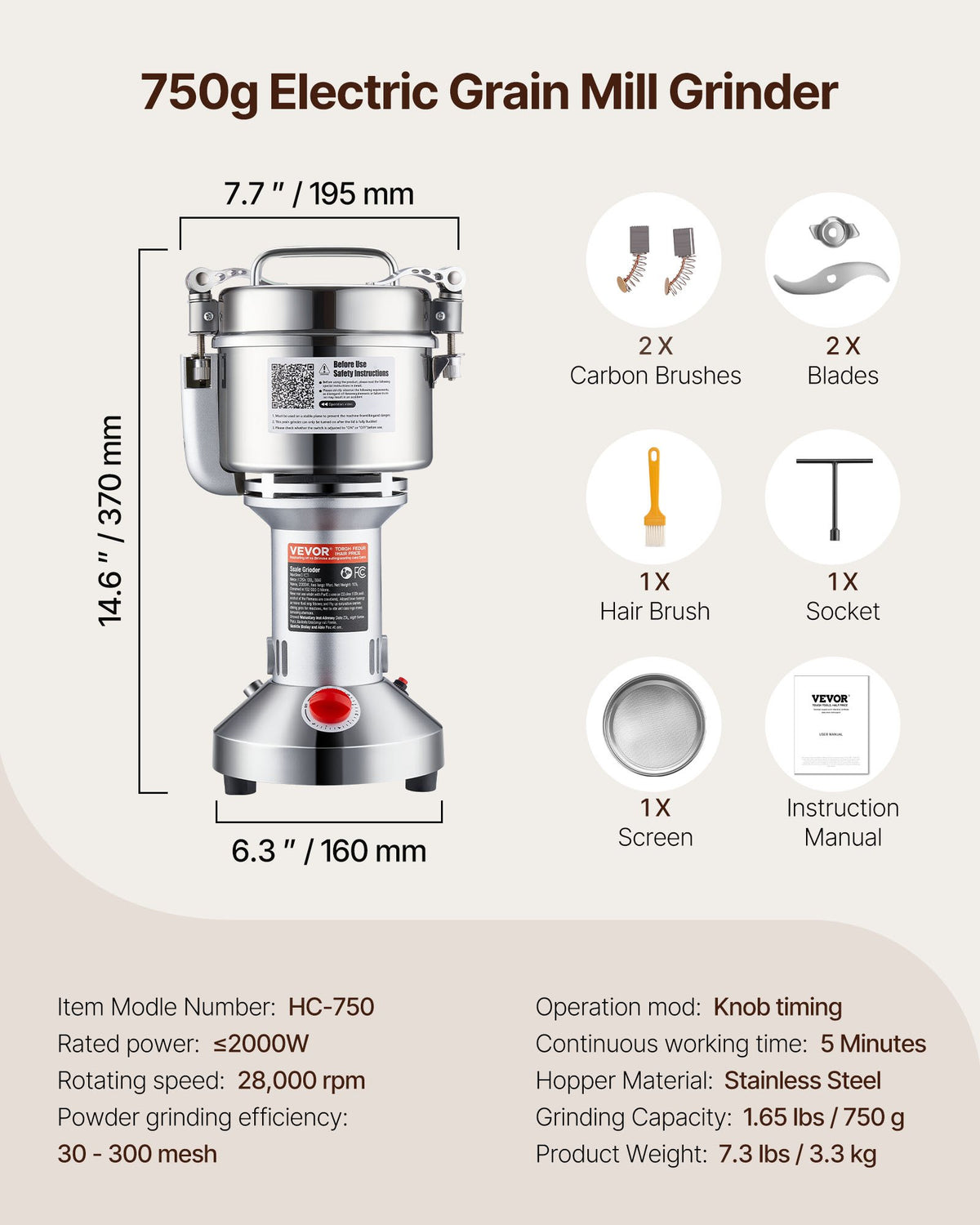 VEVOR 750g Electric Grain Mill Grinder, High Speed 2000W Commercial Spice Grinders, Stainless Steel Pulverizer Powder Machine, for Dry Grains Spices Cereals Coffee Corn Pepper, Straight Type - DDDPSGWYMJ75AIW6QV1 - view 8