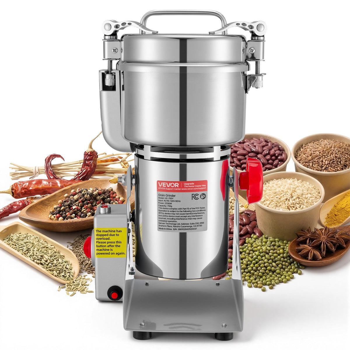 VEVOR 750g Electric Grain Mill Grinder, 2000W 28000RPM High Speed Spice Corn Dry Grinding Machine, Stainless Steel Pulverizer Powder Machine for Dried Grains Coffee Beans Spices Nuts (270° Swing Type) - DDDPSGWYMJ75F576B001V1 - view 1