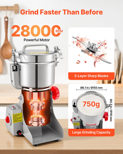 VEVOR 750g Electric Grain Mill Grinder, 2000W 28000RPM High Speed Spice Corn Dry Grinding Machine, Stainless Steel Pulverizer Powder Machine for Dried Grains Coffee Beans Spices Nuts (270° Swing Type) - DDDPSGWYMJ75F576B001V1 - view 5