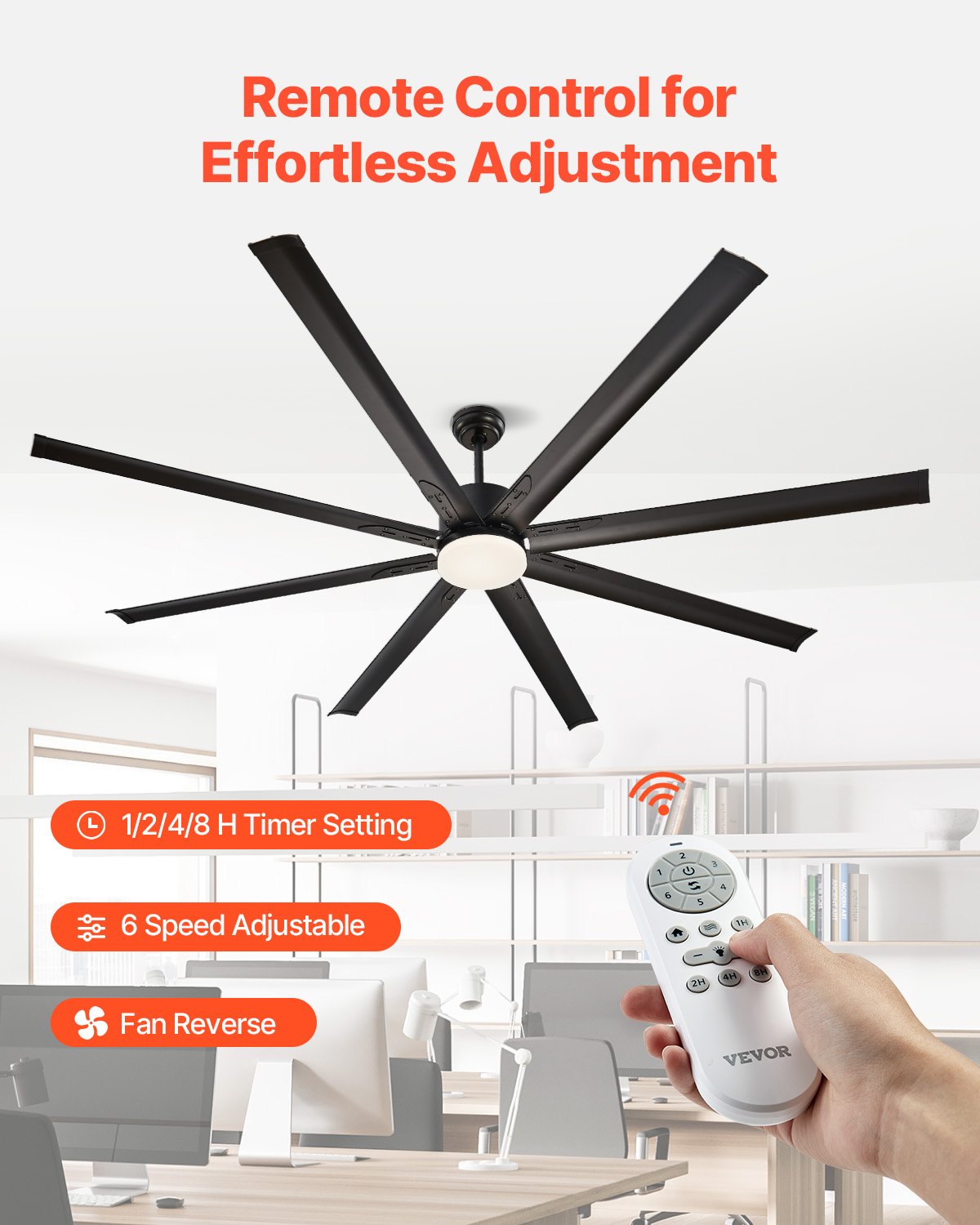 VEVOR 84 Inch Ceiling Fan with Light, 6-Speed Remote Control, Dimmable 3-Color Temperature, Reversible DC Motor, Modern Low Profile Flush Mount Fan for Bedroom, Living Room, Indoor/Outdoor Use, Black - DDDS84INCHLY24RK3V6 - view 7