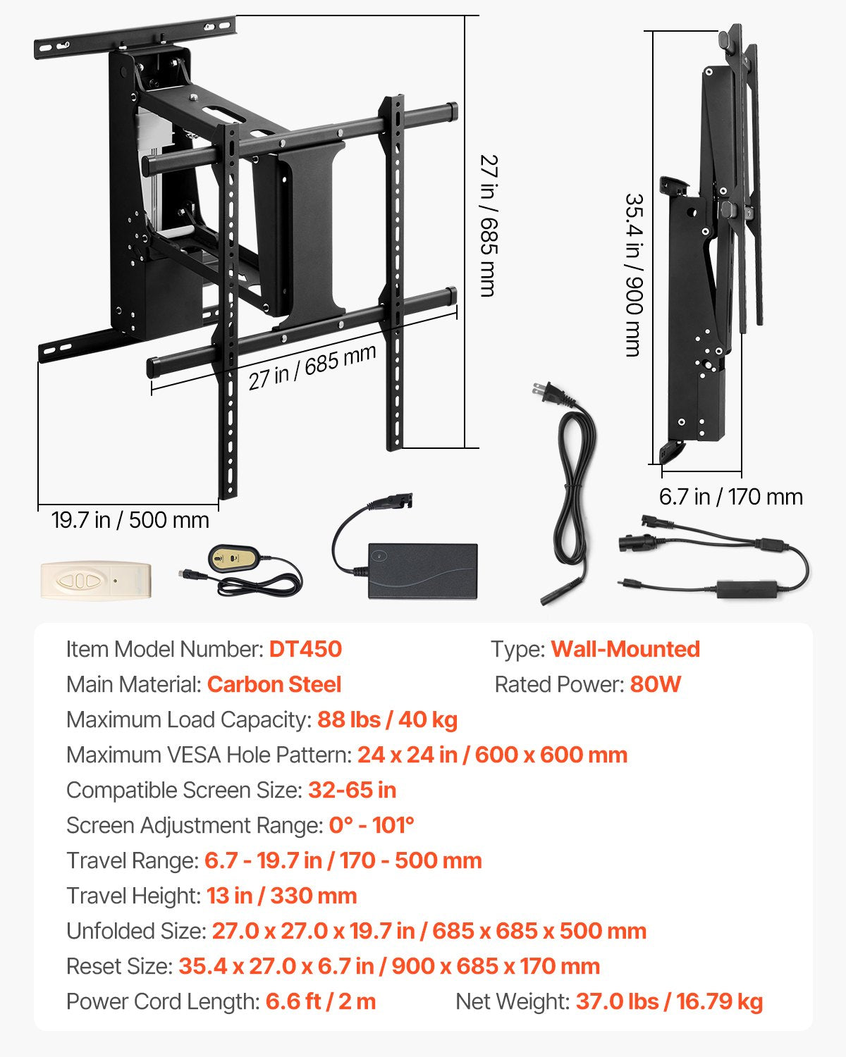 VEVOR Motorized TV Wall Mount, TV Mount for 32 to 65 Inch TV, Electric Adjustable Ceiling TV Mount, Motorized Flip Down TV Mount Bracket with Max VESA 24 x 24 in, Fits TVs Up to 88 lbs - DDDSZJBGSVES4IE4YV1 - view 8