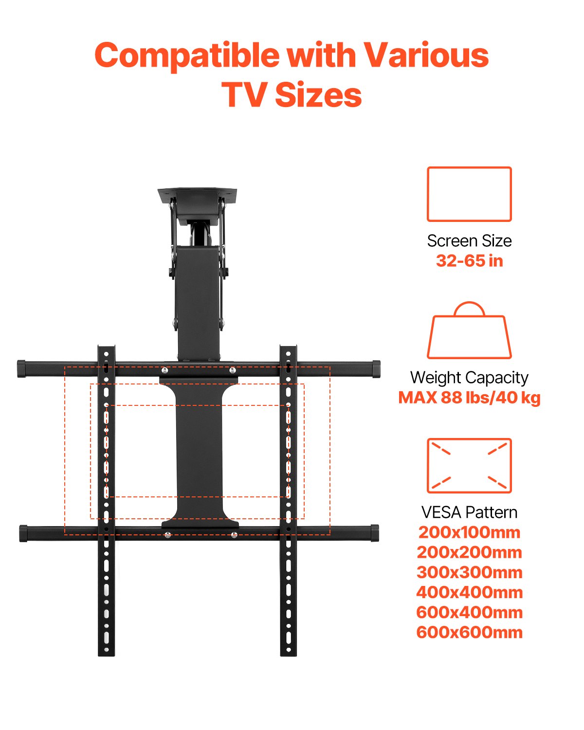 VEVOR Motorized Ceiling TV Mount, TV Wall Mount for 32 to 65 Inch TV, Electric Adjustable Ceiling TV Mount, Motorized Flip Down TV Mount Bracket with Max VESA 24 x 24 in, Fits TVs Up to 88 lbs - DDDSZJDDSVESHNAW9V1 - view 4