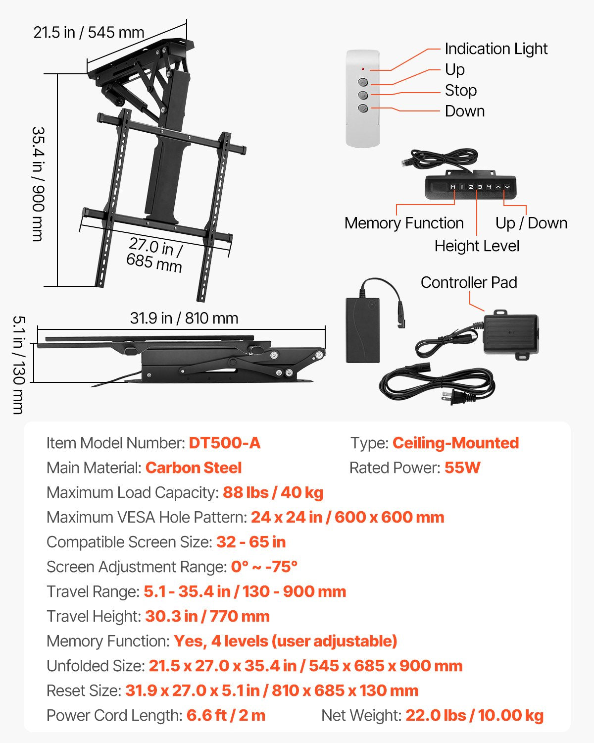 VEVOR Motorized Ceiling TV Mount, TV Wall Mount for 32 to 65 Inch TV, Electric Adjustable Ceiling TV Mount, Motorized Flip Down TV Mount Bracket with Max VESA 24 x 24 in, Fits TVs Up to 88 lbs - DDDSZJDDSVESHNAW9V1 - view 7