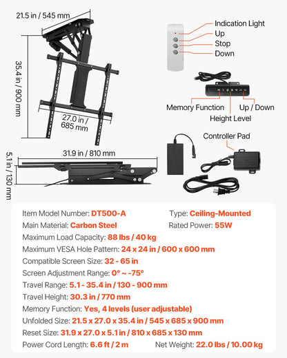 VEVOR Motorized Ceiling TV Mount, TV Wall Mount for 32 to 65 Inch TV, Electric Adjustable Ceiling TV Mount, Motorized Flip Down TV Mount Bracket with Max VESA 24 x 24 in, Fits TVs Up to 88 lbs - DDDSZJDDSVESHNAW9V1 - view 7