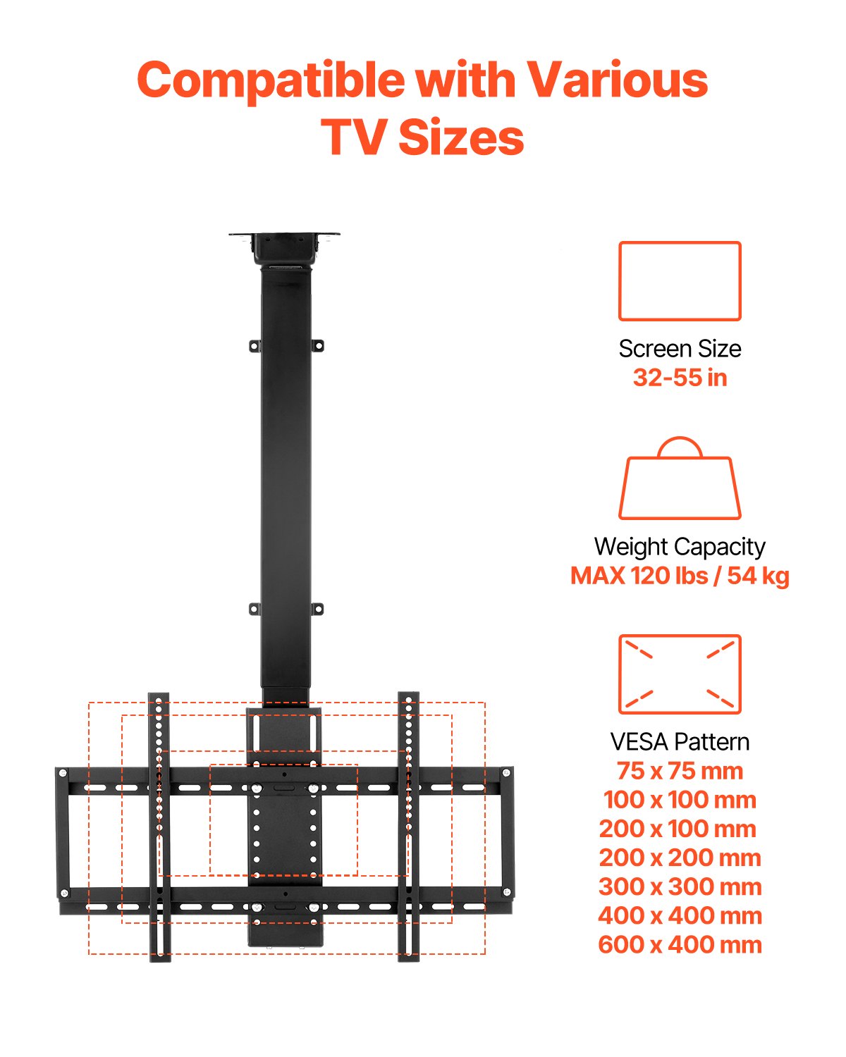 VEVOR Motorized Ceiling TV Mount, TV Wall Mount for 32 to 55 Inch TV, Electric Adjustable Ceiling TV Mount, Motorized Flip Down TV Mount Bracket with Max VESA 24 x 16 in, Fits TVs Up to 120 lbs - DDDSZJDDSVESJD19DV1 - view 4