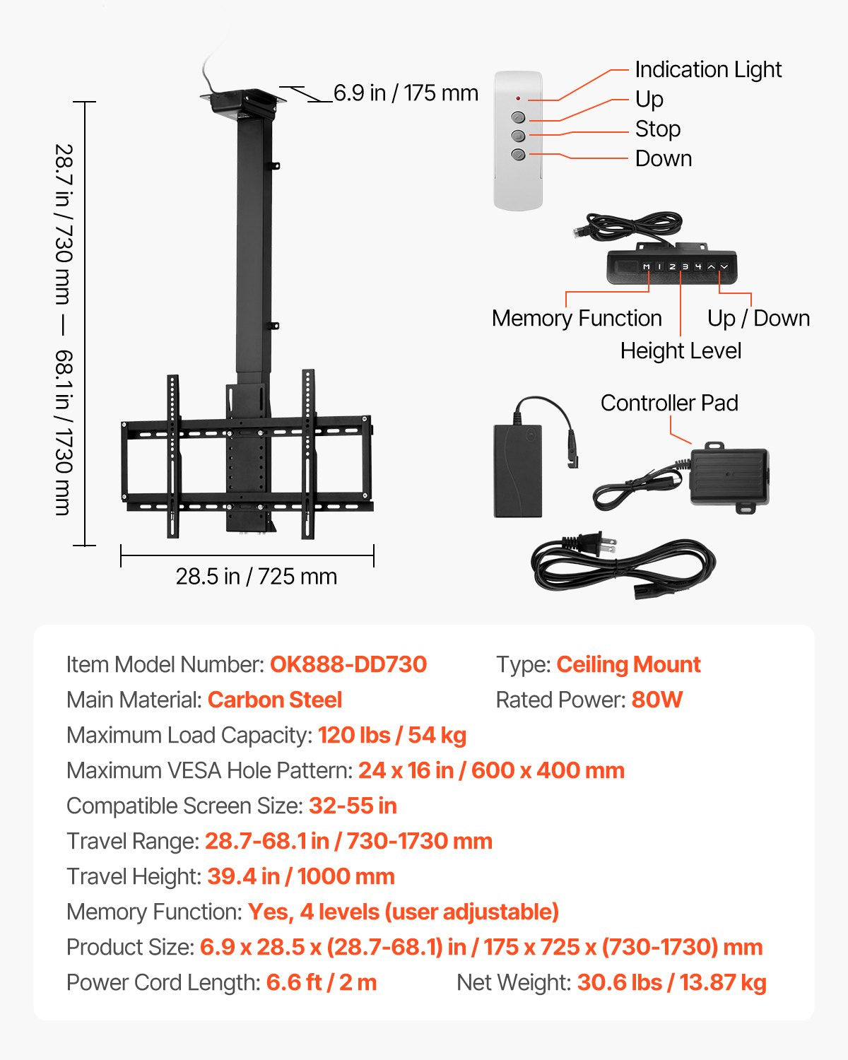 VEVOR Motorized Ceiling TV Mount, TV Wall Mount for 32 to 55 Inch TV, Electric Adjustable Ceiling TV Mount, Motorized Flip Down TV Mount Bracket with Max VESA 24 x 16 in, Fits TVs Up to 120 lbs - DDDSZJDDSVESJD19DV1 - view 8