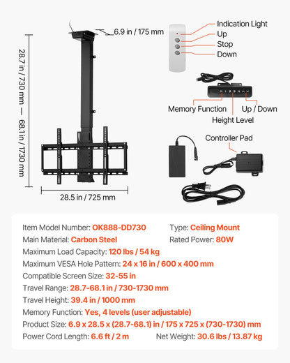VEVOR Motorized Ceiling TV Mount, TV Wall Mount for 32 to 55 Inch TV, Electric Adjustable Ceiling TV Mount, Motorized Flip Down TV Mount Bracket with Max VESA 24 x 16 in, Fits TVs Up to 120 lbs - DDDSZJDDSVESJD19DV1 - view 8