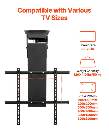 VEVOR Motorized Ceiling TV Mount, TV Wall Mount for 32 to 70 Inch TV, Electric Adjustable Ceiling TV Mount, Motorized Flip Down TV Mount Bracket with Max VESA 24 x 24 in, Fits TVs Up to 110 lbs - DDDSZJDDSVESMUPQOV1 - view 4