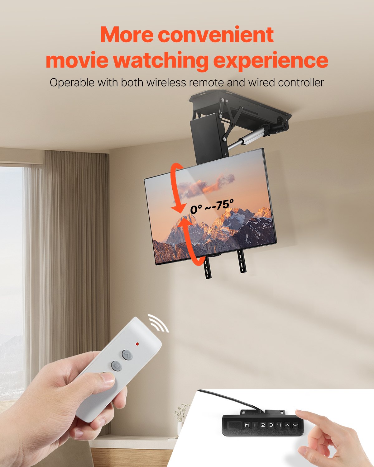 VEVOR Motorized Ceiling TV Mount, TV Wall Mount for 32 to 70 Inch TV, Electric Adjustable Ceiling TV Mount, Motorized Flip Down TV Mount Bracket with Max VESA 24 x 24 in, Fits TVs Up to 110 lbs - DDDSZJDDSVESMUPQOV1 - view 6