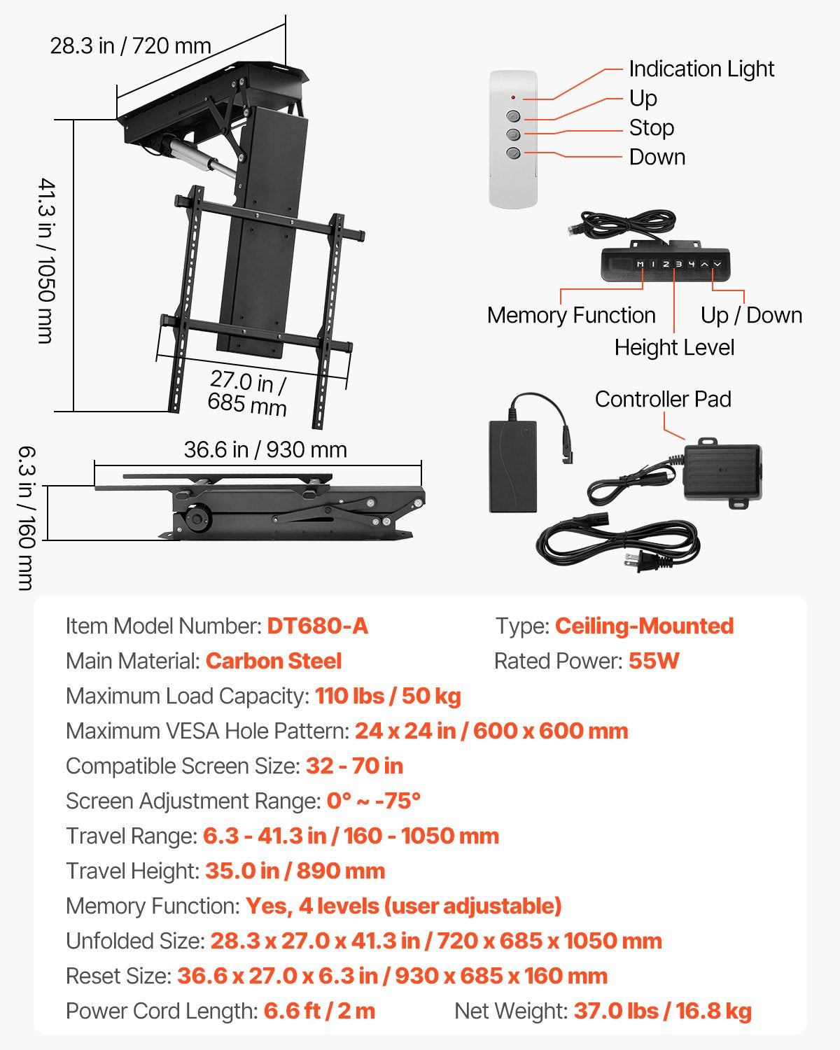 VEVOR Motorized Ceiling TV Mount, TV Wall Mount for 32 to 70 Inch TV, Electric Adjustable Ceiling TV Mount, Motorized Flip Down TV Mount Bracket with Max VESA 24 x 24 in, Fits TVs Up to 110 lbs - DDDSZJDDSVESMUPQOV1 - view 8