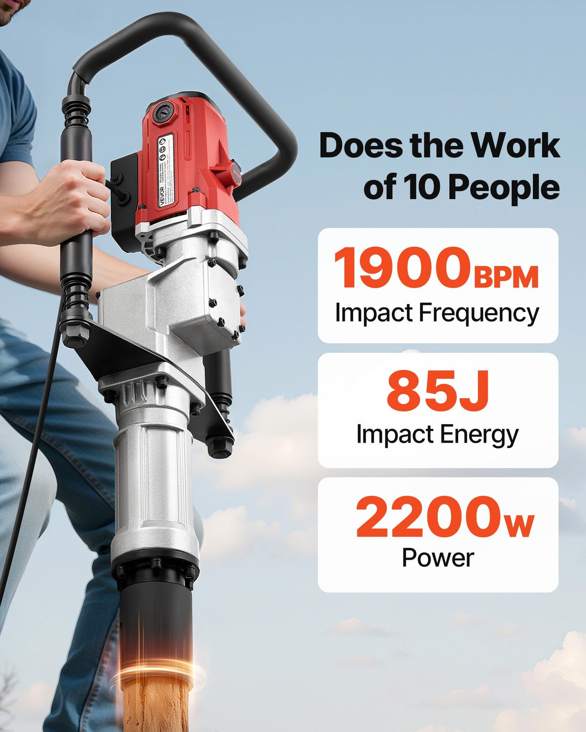 VEVOR Electric T Post Driver, 2200W Handheld Post Pounder with 2.17 in/55mm, 2.76 in/70mm Sleeves, Powerful Pile Driver for Fence,Metal Fencing, Farm, Garden, Construction, Landscaping Projects - DDDZJ2200W00BECMI001V1 - view 3