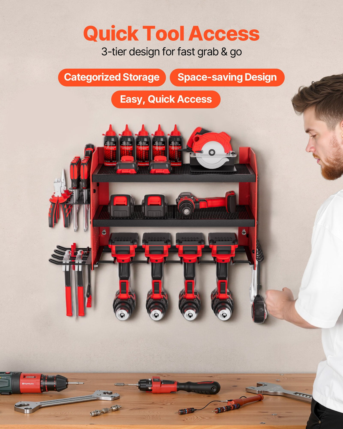 VEVOR Power Tool Organizer Wall Mount, 3-Layer Storage Rack with 4 Drill Holders, Tools Holder and Storage Rack with Side Pegboards, Garage Tool Organizer for Garage, Workbench, and Workshop - DDGJJTZGBK3C97DJ3002V0 - view 3