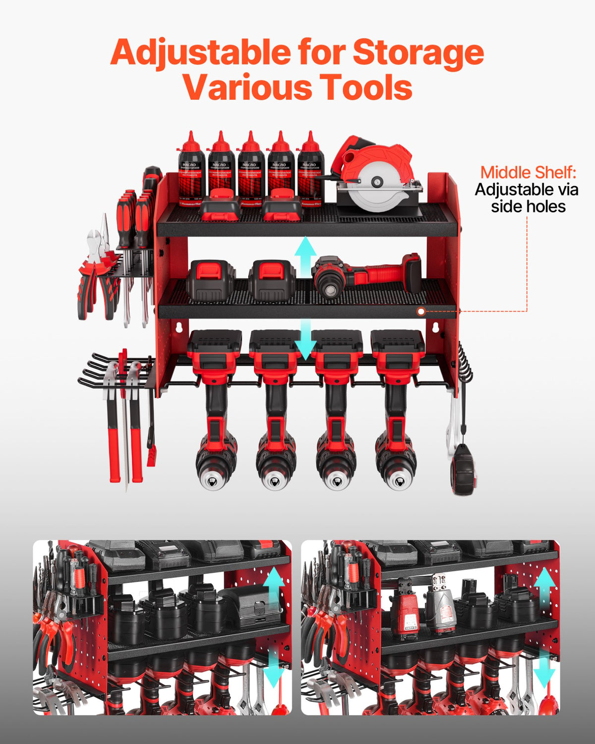 VEVOR Power Tool Organizer Wall Mount, 3-Layer Storage Rack with 4 Drill Holders, Tools Holder and Storage Rack with Side Pegboards, Garage Tool Organizer for Garage, Workbench, and Workshop - DDGJJTZGBK3C97DJ3002V0 - view 4