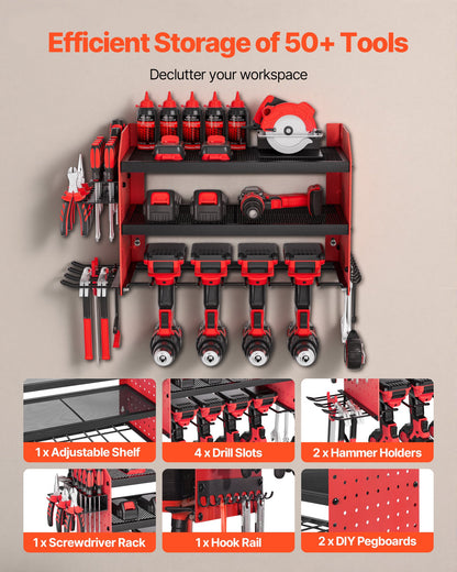 VEVOR Power Tool Organizer Wall Mount, 3-Layer Storage Rack with 4 Drill Holders, Tools Holder and Storage Rack with Side Pegboards, Garage Tool Organizer for Garage, Workbench, and Workshop - DDGJJTZGBK3C97DJ3002V0 - view 5