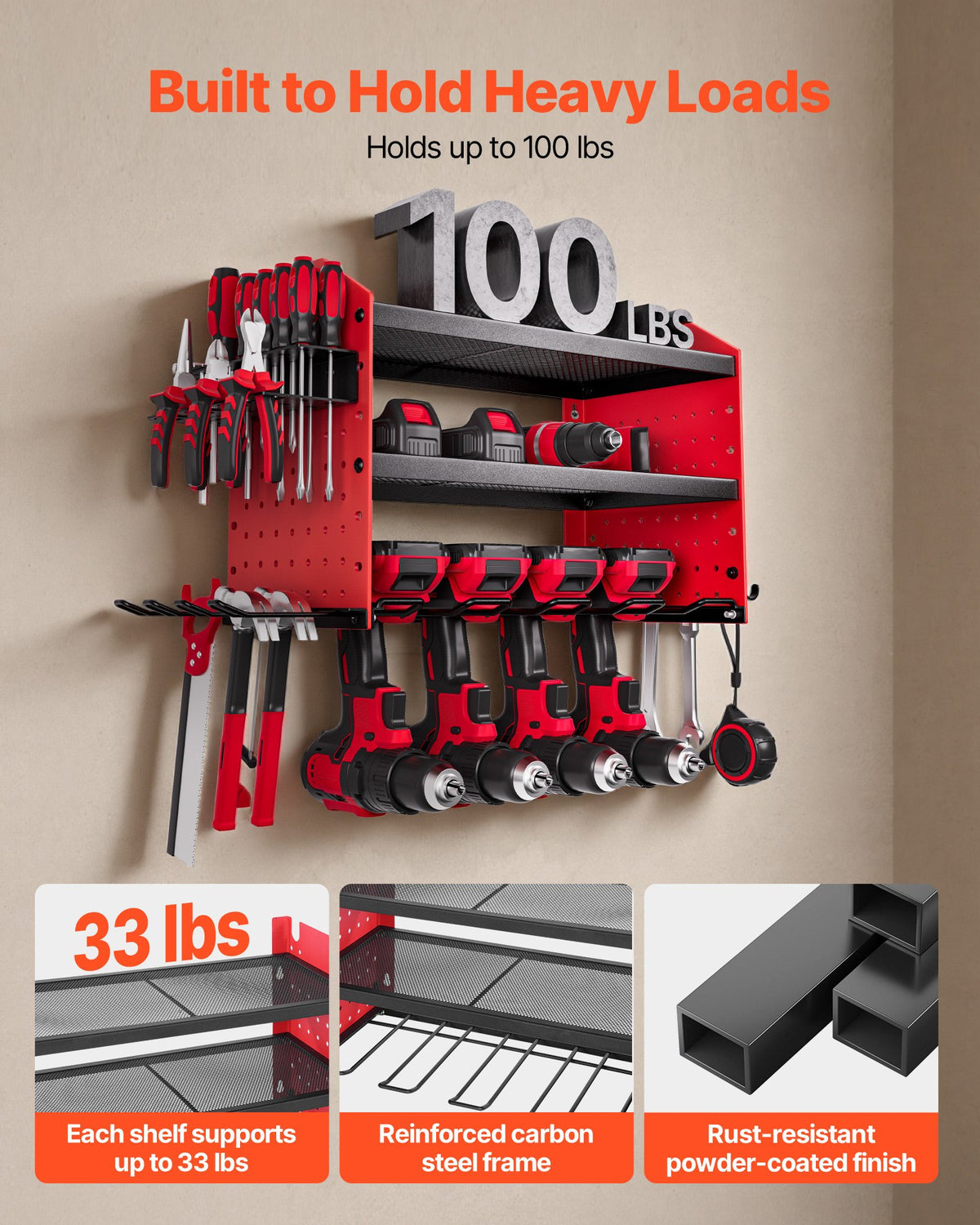 VEVOR Power Tool Organizer Wall Mount, 3-Layer Storage Rack with 4 Drill Holders, Tools Holder and Storage Rack with Side Pegboards, Garage Tool Organizer for Garage, Workbench, and Workshop - DDGJJTZGBK3C97DJ3002V0 - view 6